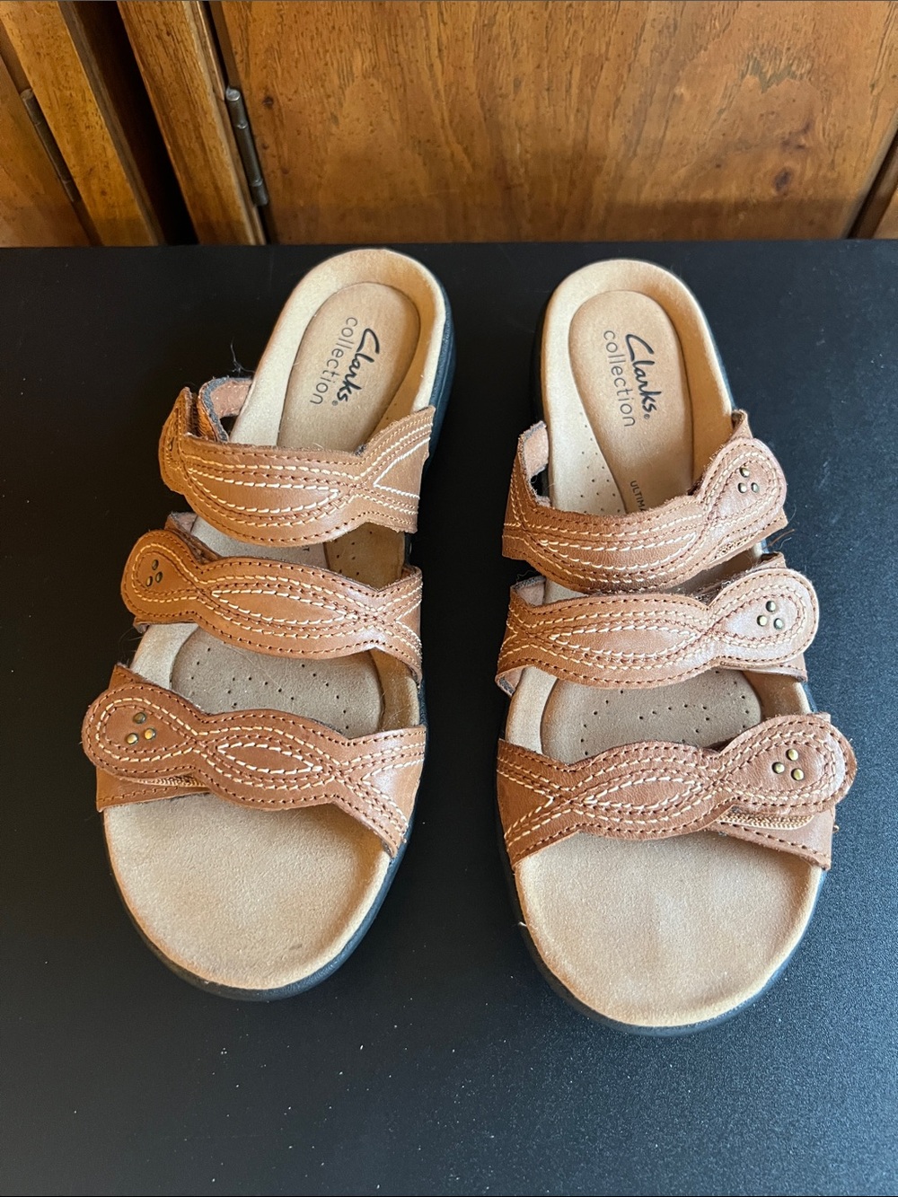Clarks Brown Triple-Strap Comfort Slide Sandals